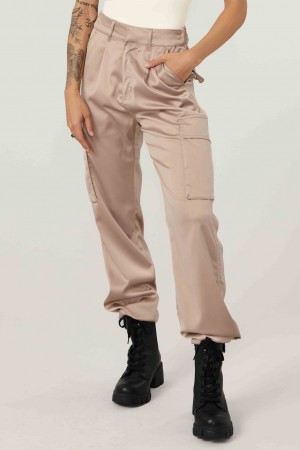 YoungLA W217 Gloria Satin Cargo Kadın Jogger Pantolon Haki | 605-PVJRAS