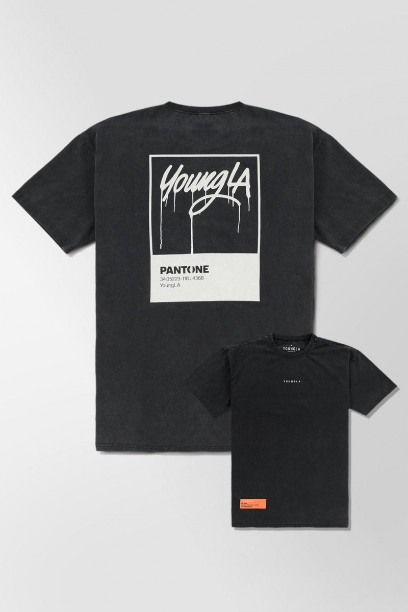 YoungLA 449 Washed Drip Erkek Tişört Siyah | 156-NBYLRG