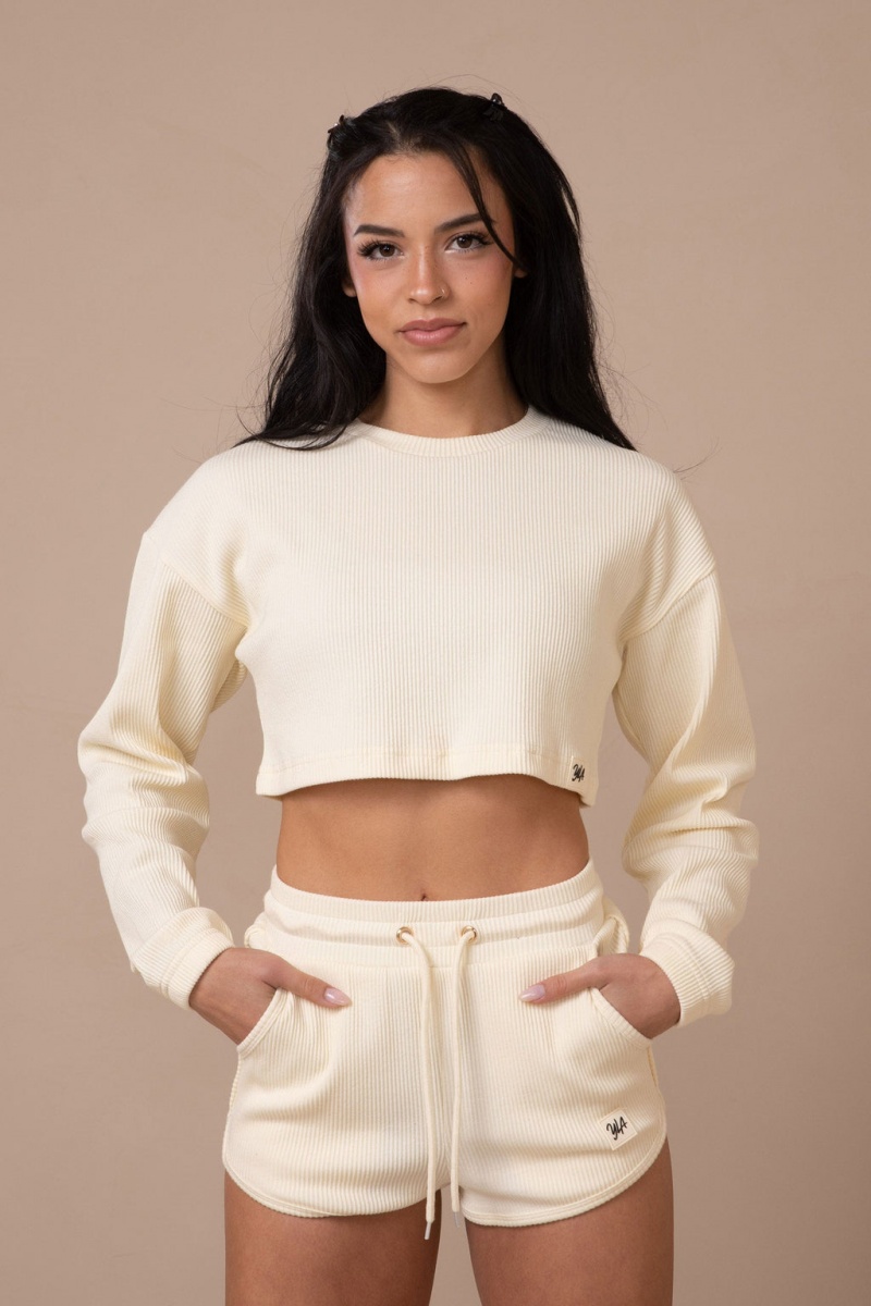 YoungLA W413 Peachy Cropped Long Sleeve Kadın Üstler Krema | 685-TQBFEI